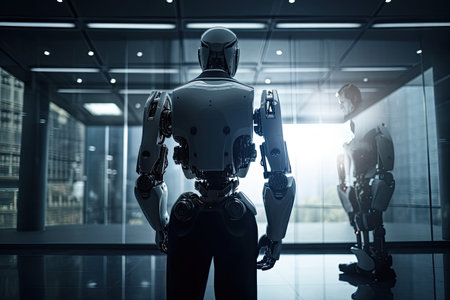 3d rendering humanoid robot working in a modern office with glass walls, A businessman looking at a digital hologram display. AI Generatedの素材