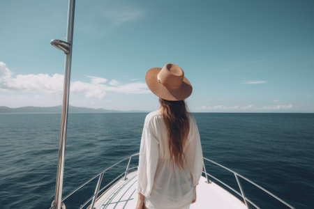 Beautiful young woman in a straw hat on a yacht in the sea, A beautiful young lady full rear view without a face, AI Generatedの素材