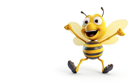 Cartoon bee running isolated on white background. 3d illustration. A cartoon bee with a happy face and arm raised in a cheerful gesture. AI Generatedの素材