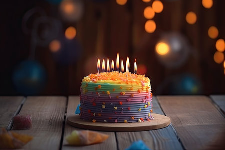 Birthday cake with burning candle on wooden background with bokeh, A Birthday cake with colorful happy birthday candles flickering on top, AI Generatedの素材