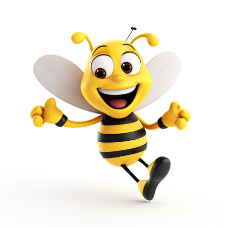 Cartoon character of bee with thumbs up pose. 3d illustration, A cartoon bee with a happy face and arm raised in a cheerful gesture. AI Generatedの素材