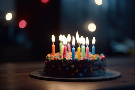 Birthday cake with candles on a wooden table in a dark room with lights, A Birthday cake with colorful happy birthday candles flickering on top, AI Generatedの素材