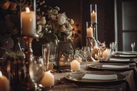 Elegant table setting with candles and flowers in vintage style. A beautifully decorated dining table with wedding decor and centerpieces. AI Generatedの素材