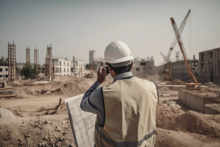 Rear view of a male civil engineer using mobile phone while standing on a construction site, A civil architect engineer inspecting an architecture, AI Generatedの素材