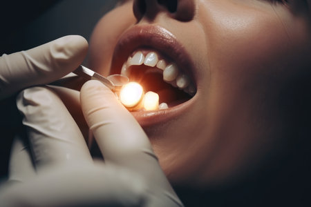 Dentist examining teeth of young woman in dental clinic. Dentistry concept. A dentist removing a bad tooth from a patient mouth, AI Generatedの素材