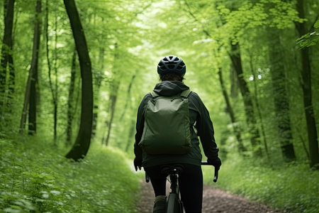 Rear view of a cyclist riding a bicycle through the green forest, cyclist full rear view wearing gear and cycling, AI Generatedの素材