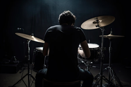 Young man playing drums on a stage in a dark room with dramatic lighting, A drummer in full rear view playing drums, AI Generatedの素材