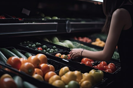 Closeup of young woman choosing fresh vegetables in grocery store. Focus on foreground, A closeup view of a female consumer purchasing groceries from a store, AI Generatedの素材
