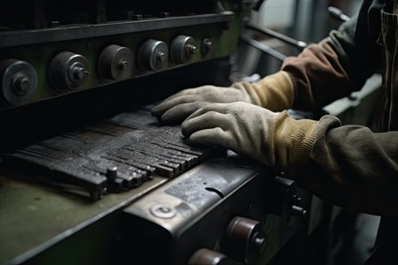 Worker working on lathe machine in factory, closeup. A closeup view of factory laborer hands in action, AI Generatedの素材