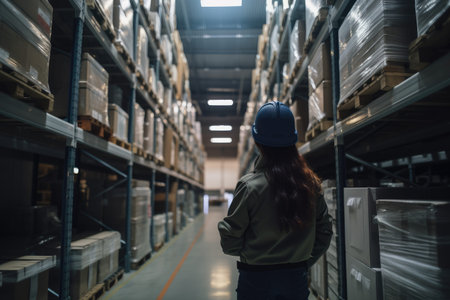Rear view of a female warehouse worker looking at shelves in a warehouse, A female warehouse manager's rearview, standing in the warehouse, AI Generatedの素材
