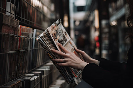 Woman reading a magazine in a library. Female hands holding a magazine. A closeup of a female customers hands examining merchandise or holding a shopping item, AI Generatedの素材