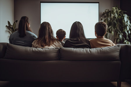 back view of young friends watching movie on tv in living room at home. A family rear view sitting together and enjoying quality time, AI Generatedの素材