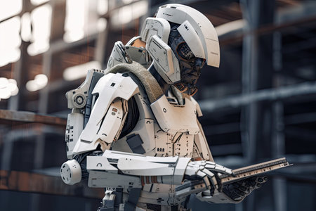 3D rendering humanoid robot in the modern building. Futuristic technology concept. A Futuristic robot architect working on a construct, AI Generatedの素材