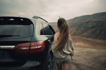 A young woman is standing by the car and looking at the mountains, A girl standing beside an SUV car with a nature view, AI Generatedの素材