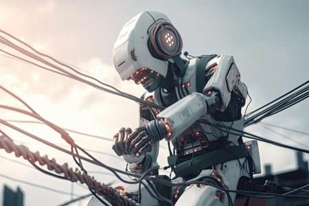 Vintage robot on the background of electric wires. 3d rendering. futuristic AI robot electrician repairing electrical components and restoring power, AI Generatedの素材