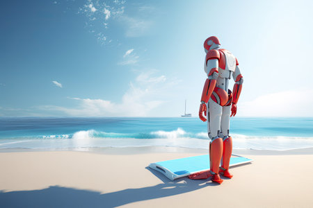 3d render of a red robot standing on the beach and reading a book, A futuristic AI robot lifeguard looking at the beach, AI Generatedの素材