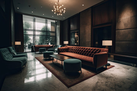 Luxury hotel lobby interior with sofas and armchairs, A luxurious hotel lobby interior with a comfortable and stylish waiting area, AI Generatedの素材