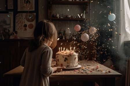 Cute little girl blowing out candles on a birthday cake at home, A little girl blowing out a candle on a birthday cake, AI Generatedの素材