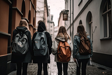 back view of three girls with backpacks walking down the street. A group of high school kids with school bags on their backs, walking together down the hallway, AI Generatedの素材
