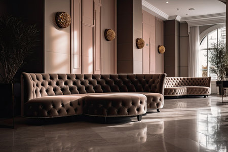 Luxury hotel lobby interior with leather sofas and armchairs, A luxurious hotel lobby interior with a comfortable and stylish waiting area, AI Generatedの素材