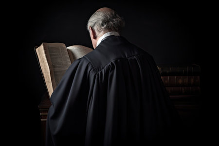 Rear view of a senior judge looking down while holding a bible. A lawyers full rear view engrossed in reading a legal document or case file, AI Generatedの素材