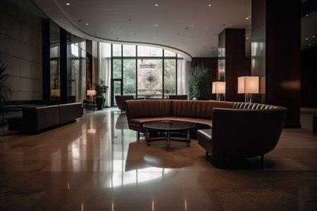 Interior of the hotel lobby with sofas and armchairs, A luxurious hotel lobby interior with a comfortable and stylish waiting area, AI Generatedの素材