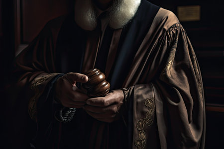 Close-up image of a judge holding a wooden gavel. closeup of a judge wearing a law robe, AI Generatedの素材