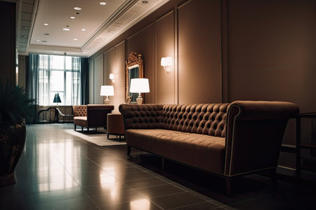 Luxury hotel lobby interior with a leather sofa and two armchairs, A luxurious hotel lobby interior with a comfortable and stylish waiting area, AI Generatedの素材