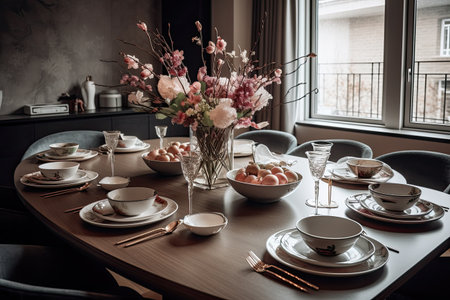 Beautiful table setting for breakfast in the interior of the living room, A luxurious dining table set adorned with gleaming cutlery and elegant glassware, AI Generatedの素材