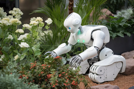 Robot in the garden. Artificial intelligence concept. Cute robot. A robot gardener taking care of a garden, AI Generatedの素材
