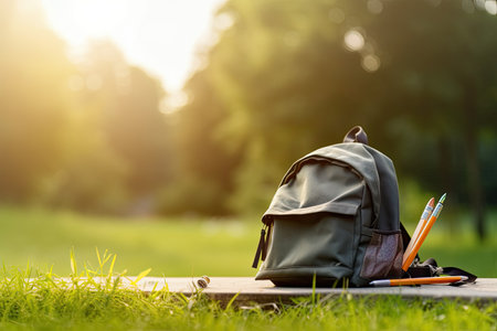Backpack and pencils on the grass in the park at sunset, A school backpack in a field on a bright sunny day, AI Generatedの素材