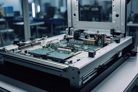3d printed circuit board in modern technology factory. 3d rendering, A small computer controlled industrial machine, operated by a human hand, AI Generatedの素材