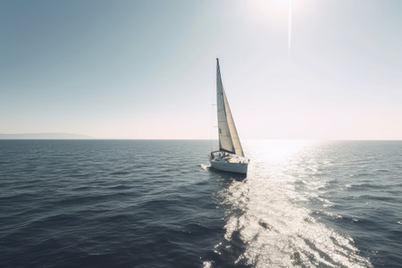 Sailing yacht in the sea. 3D render. Sunset. A small yacht gracefully sailing on the tranquil waters of a beautiful ocean on a sunny day, AI Generatedの素材