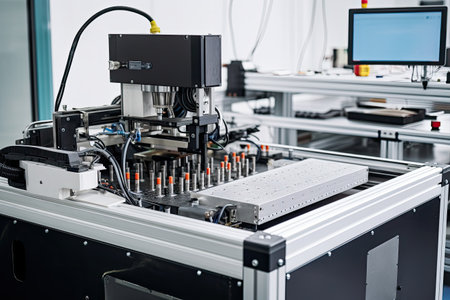 Closeup of a 3D printer in a modern laboratory. A small computer controlled industrial machine, operated by a human hand, AI Generatedの素材