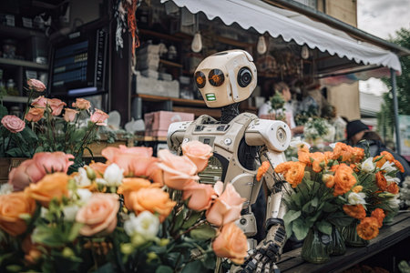Robot at flower shop in Barcelona, A robot florist selling flowers in the market, AI Generatedの素材