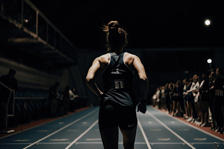 Athletic woman running on a track and field at night, A runner sprinting in a competitive race, AI Generatedの素材