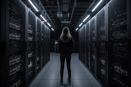 Back view of a young woman standing in the server room with rows of server racks, A woman server engineer full rear view with a laptop checking server, AI Generatedの素材