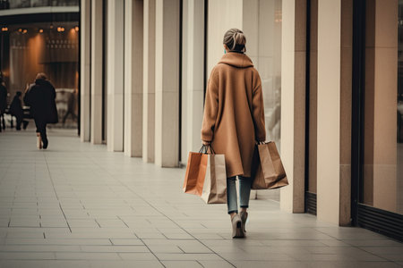 Back view of a young woman walking with shopping bags in the city, A stylish Womens rear view walking with a shopping bag, AI Generatedの素材
