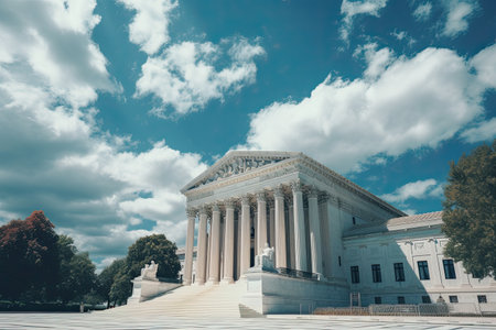 The United States Supreme Court building in Washington DC, United States. A vintage supreme court outside view with a blue sky, AI Generatedの素材