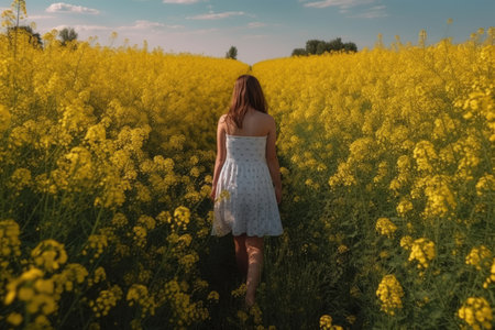 A young woman in a white dress walks through a field of yellow flowers. A young girl full rear view walks in a field of mustard flowers, AI Generatedの素材