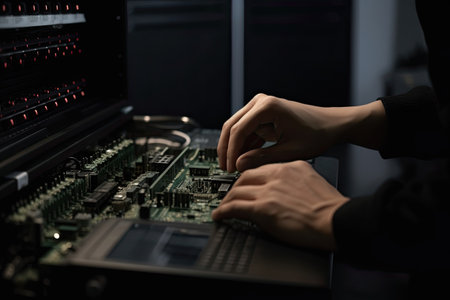 Close up of hands of professional engineer working on computer in dark room, A closeup shot of a young male engineer hand working on motherboard, AI Generatedの素材