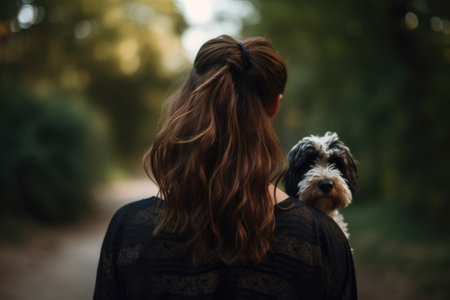 Back view of young woman in black dress with long curly hair holding her dog. A young woman rear view holding her dog on the shoulder, AI Generatedの素材