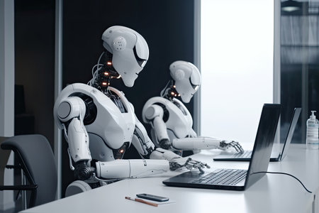 Robot humanoid working with computer in modern office. Artificial intelligence concept. 3D Rendering, Abstract textile cloth wallpaper background, AI Generatedの素材
