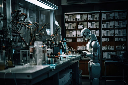 A robot working in a laboratory. The concept of artificial intelligence. An AI robot in a laboratory doing chemical research, AI Generatedの素材