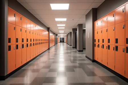 3d render of a school corridor with orange lockers in it, An empty high school corridor interior view with lockers , AI Generatedの素材