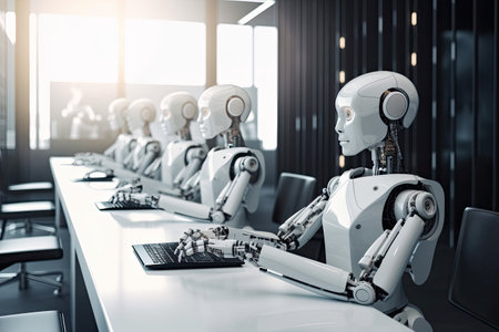 3d rendering robot working in modern office with computer. Concept of artificial intelligence. Abstract textile cloth wallpaper background, AI Generatedの素材