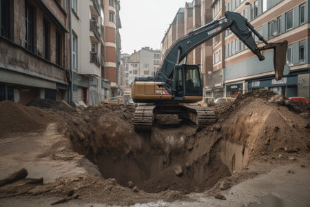 excavator working on a construction site in european city, An excavator digging a deep pit on an urban road, AI Generatedの素材
