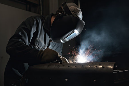 Male welder wearing protective clothing and welding metal on construction site. An Industrial welder wearing full protection and walding, AI Generatedの素材