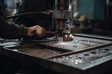 Worker cutting metal with a milling machine in the factory. An industrial workers hands close up of working in project, AI Generatedの素材