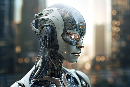 3D rendering of a female robot in a futuristic setting with city background, artificial intelligence taking over the world , AI Generatedの素材